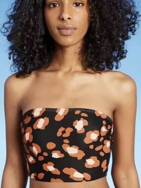SHADE & SHORE Black and Orange Animal Print Longline Bandeau Bikini Top